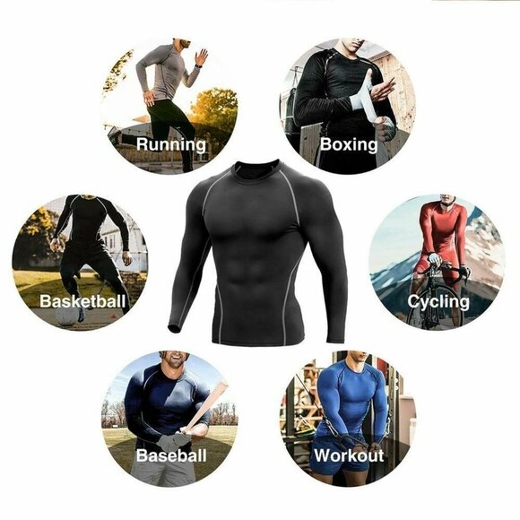 Men Compression Training Shirt Thermal Underwear Layer Workout Tops Long Sleeves - Picture 5 of 10